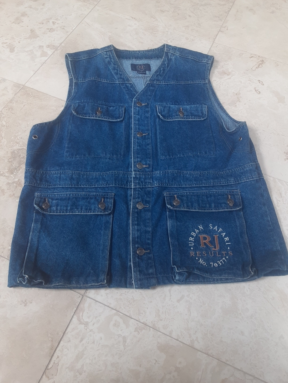 Vintage 1990s 4 Pocket Thick Denim Cargo Vest By RJ Results, Mint Condition